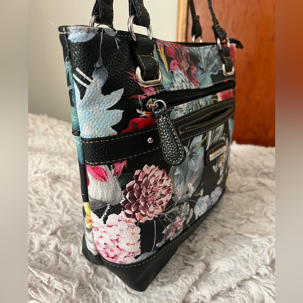 Stone & CO Black Floral Shoulder Bag W Bonded Leather - Picture 4 of 8